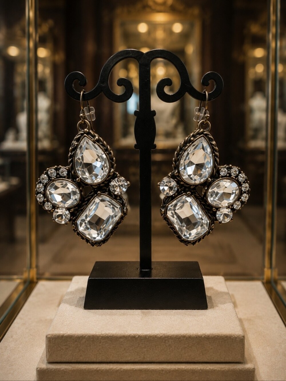 Brass Tone Crystal Clear Formal Chandelier BLING Bridal Jewelry Pierced Earrings